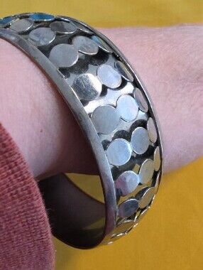 Vintage ▪︎ Brass & Silver-Tone Disc Accent Bangle ▪︎ Fun Costume Jewelry